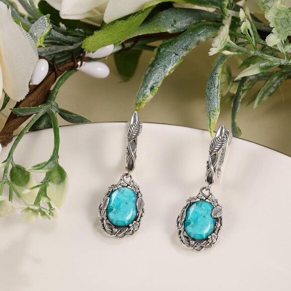 Sterling Silver Dangle Earrings Turquoise Leaf Flower Vintage Jewelry - Picture 3 of 7